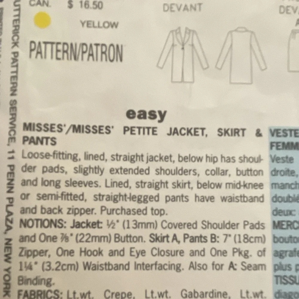 Butterick 6337 Women Misses Petite Jacket Skirt Pants Sewing Pattern Size 6 8 10